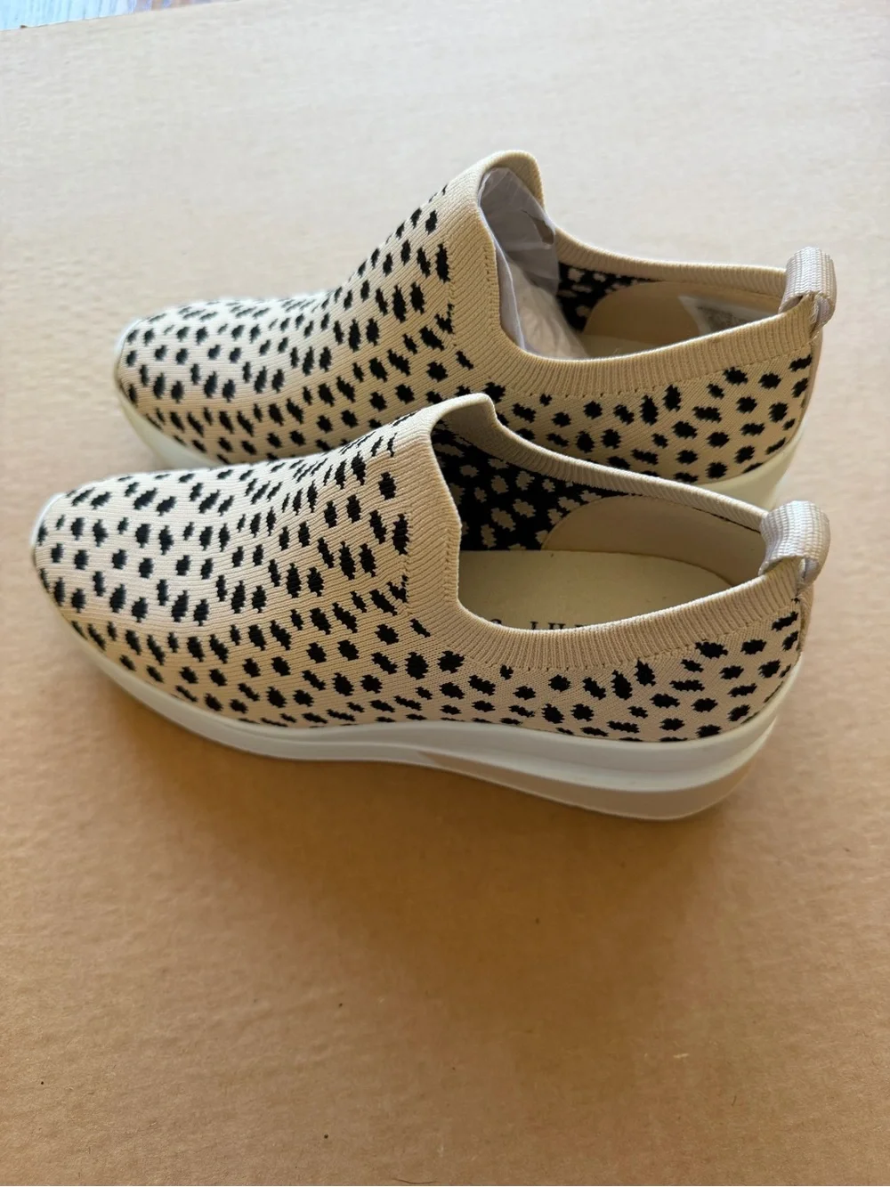Gianni Bini Cream Slip-On Knit Wedge Sneakers with Black Spot Print - Picture 3 of 5